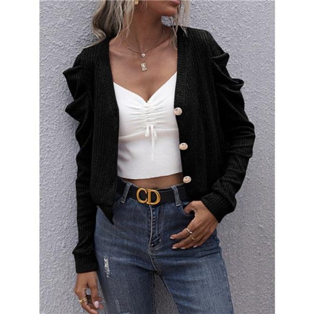 Ribbed V-Neck Button-Up Cardigan - Picture 6 of 7